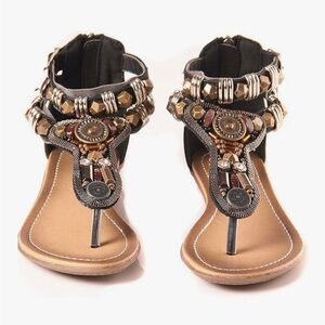 Bohemian T-Strap Roman Retro Flat Sandals W/Buckle and back zipper- size 39 NIB